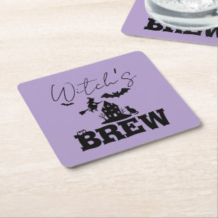 Spooky Haunted House & Witch Silhouette    Square Paper Coaster
