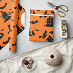 Spooky Haunted House & Witch Silhouette Wrapping Paper