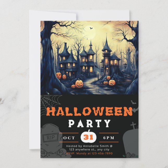 Spooky Haunted Town Houses Pumpkins Halloween Invitation (Front)
