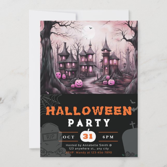 Spooky Haunted Town Houses Pumpkins Halloween Invitation (Front)