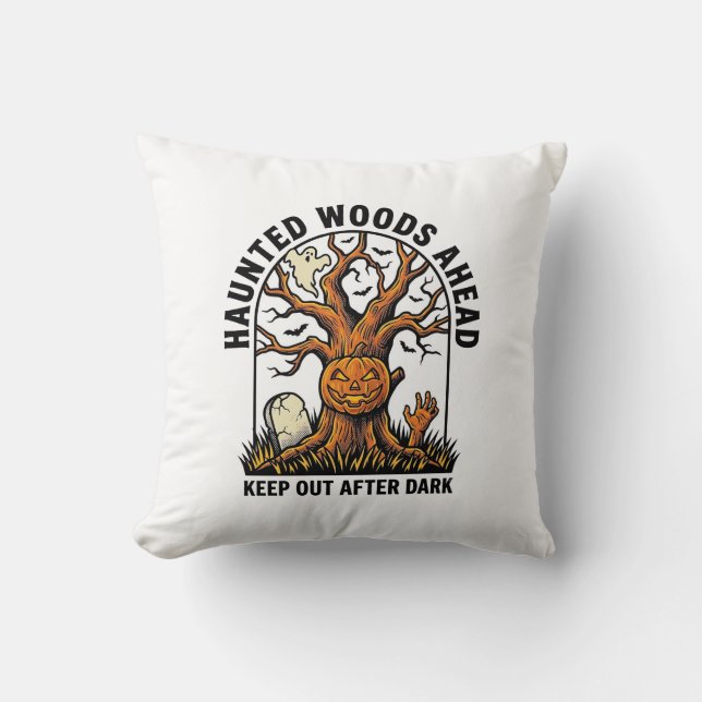 Spooky Haunted Tree Vintage Halloween Warning Shir Cushion (Front)
