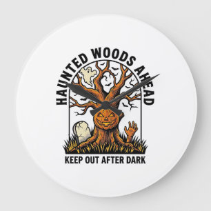 Spooky Haunted Tree Vintage Halloween Warning Shir Large Clock