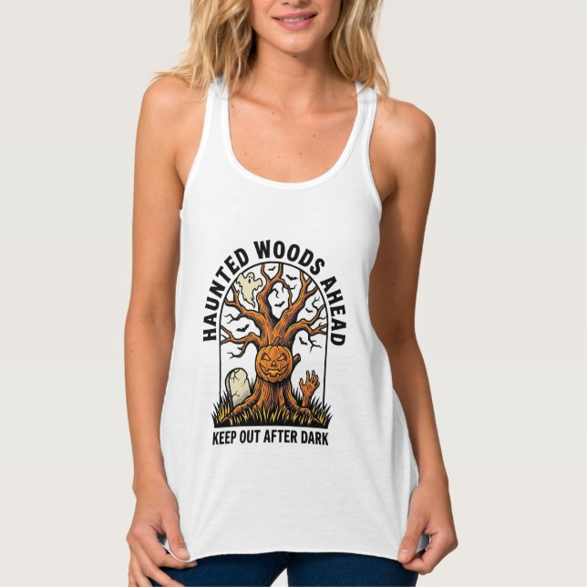 Spooky Haunted Tree Vintage Halloween Warning Shir Singlet (Front)