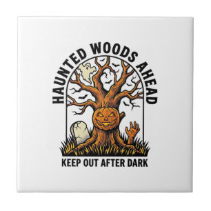 Spooky Haunted Tree Vintage Halloween Warning Shir Tile