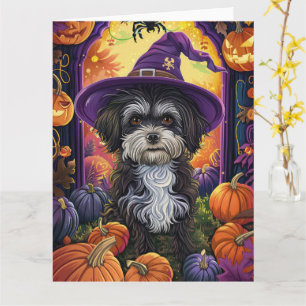 Spooky Havanese Dog Halloween Witch And Pumpkin Card