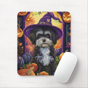Spooky Havanese Dog Halloween Witch And Pumpkin Mouse Pad