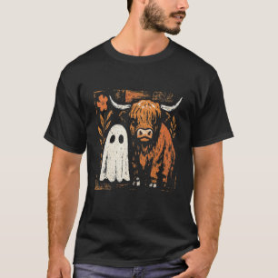 Spooky Highland Cow and Ghost Fall Halloween Desig T-Shirt