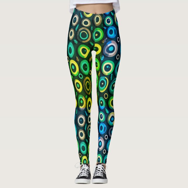 Spooky Horror Blue Green Monster Eyeball Halloween Leggings (Front)