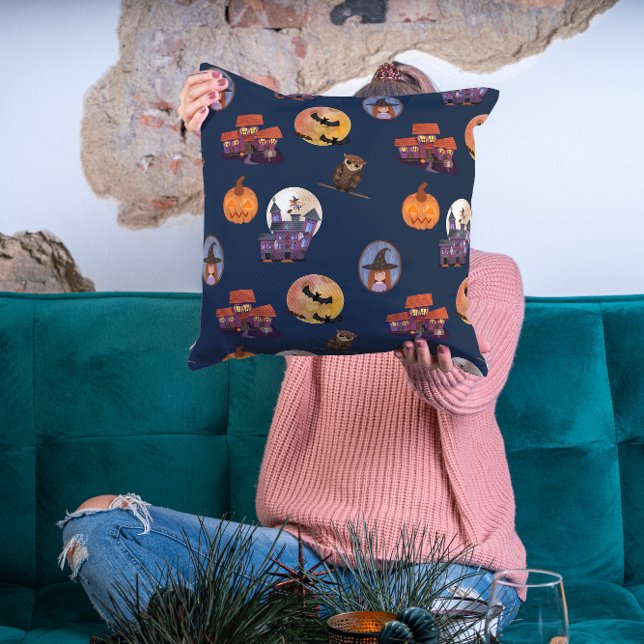 Spooky House Cute Little Witch Owl Moon Halloween  Cushion (Creator Uploaded)