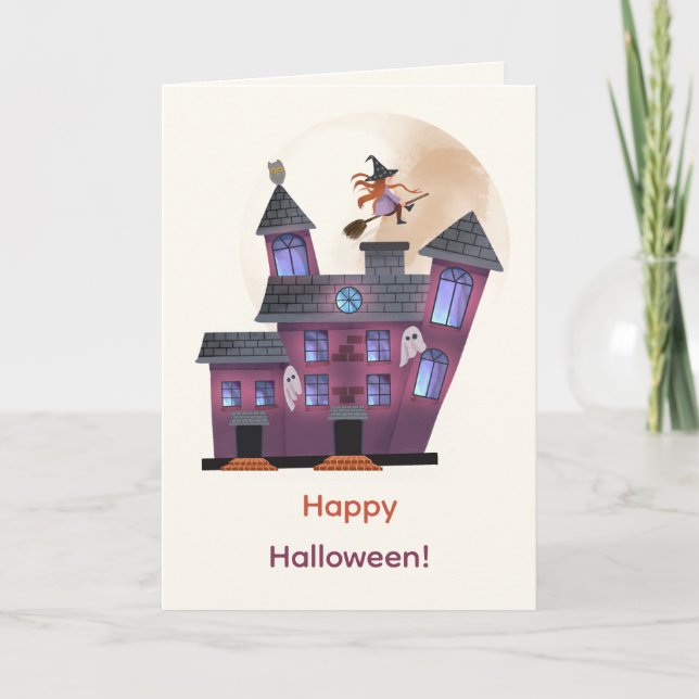 Spooky House Moon Little Witch Happy Halloween  Card (Front)
