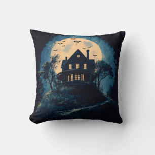 Spooky house on a hill, Halloween concept Cushion