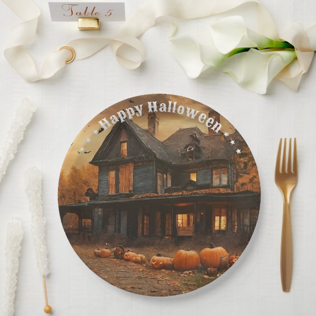 Spooky House Pumpkin Halloween Collection Paper Plate (Wedding)