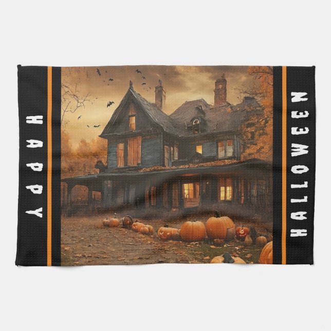 Spooky House Pumpkin Halloween Collection Tea Towel (Horizontal)