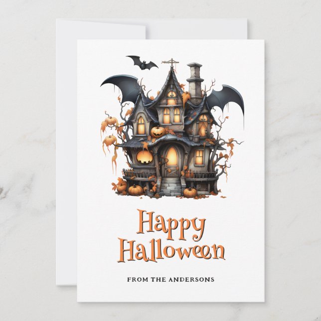 Spooky House Pumpkins Bat Ghost Halloween Card (Front)