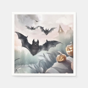 Spooky House with Bat Design Halloween Watercolor Napkin