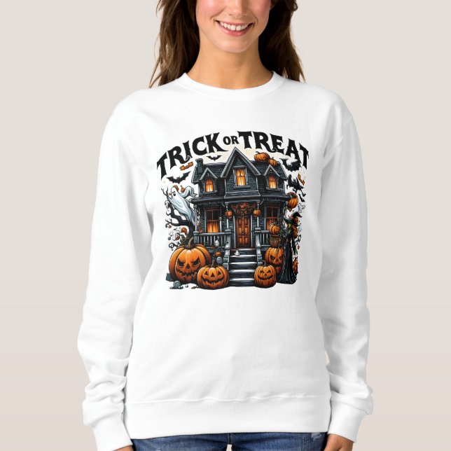 Spooky house with pumpkins and ghosts sweatshirt (Front)