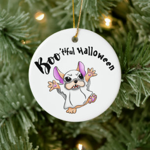 Spooky Hugs: Cute Bulldog Boo ghost Halloween Ceramic Tree Decoration