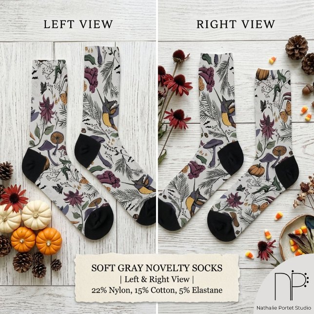 Spooky Hummingbird Garden Socks (Hand drawn hummingbird and wildflower ink art socks with a chic noir aesthetic)