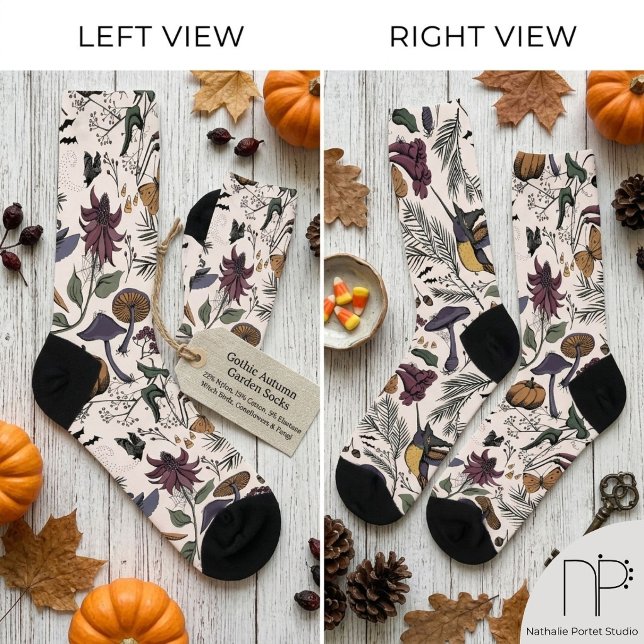 Spooky Hummingbird Garden Socks (Hand drawn hummingbird and wildflower ink art socks with a chic noir aesthetic)