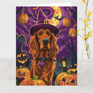 Spooky Irish Red Setter Halloween Witch Pumpkin Card