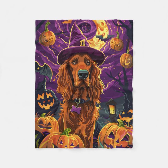 Spooky Irish Red Setter Halloween Witch Pumpkin  Fleece Blanket (Front)