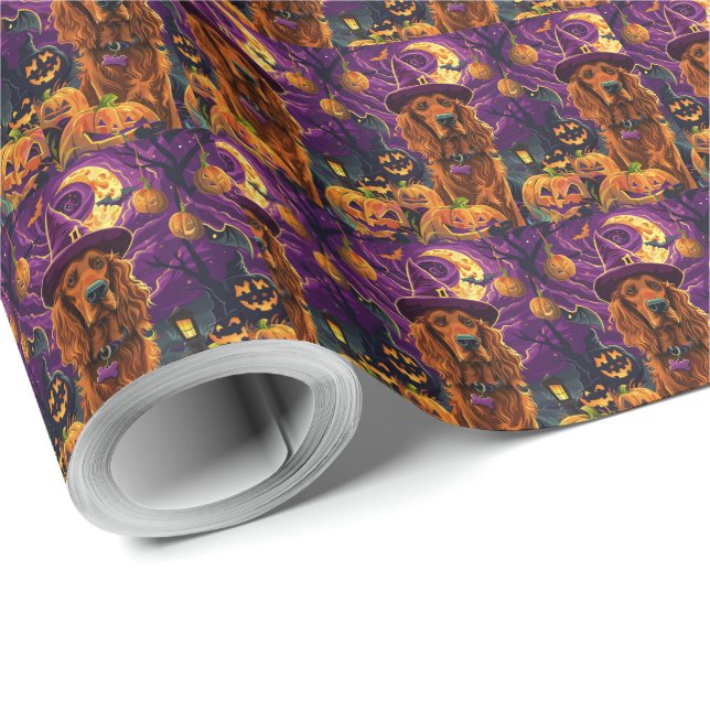Spooky Irish Red Setter Halloween Witch Pumpkin  Wrapping Paper (Roll Corner)