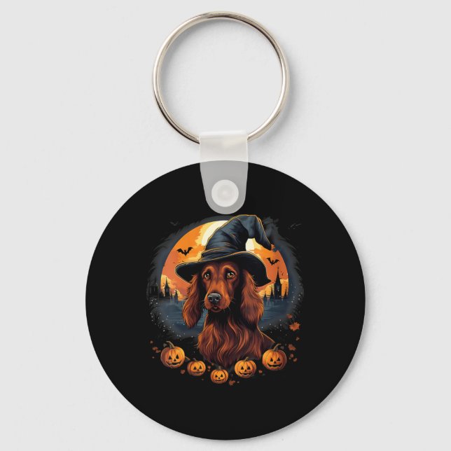 Spooky Irish Setter Dog Witch Halloween V-Neck Key Ring (Front)