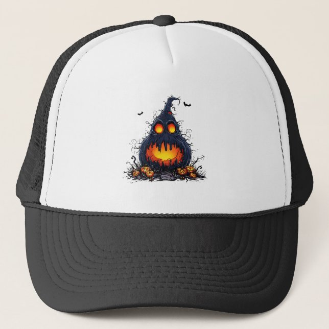 Spooky Jack O’Lantern Pumpkin with Glowing Eyes Trucker Hat (Front)
