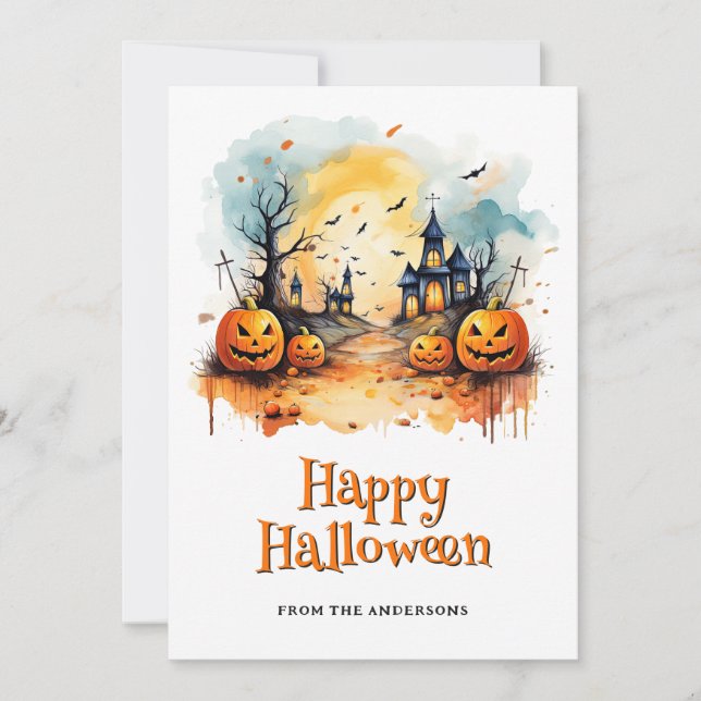 Spooky Jack O’Lanterns Bats Halloween Card (Front)