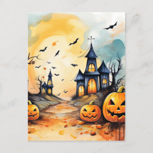 Spooky Jack O’Lanterns Bats Halloween Holiday Postcard