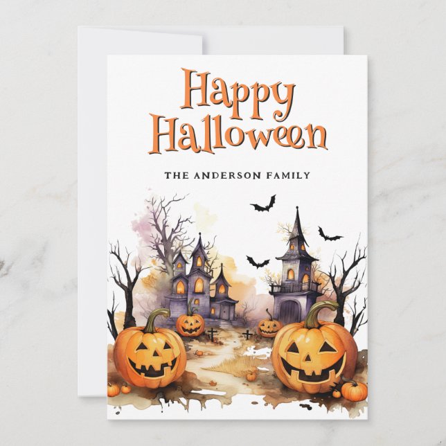 Spooky Jack O'Lanterns Bats Ghosts Halloween Card (Front)
