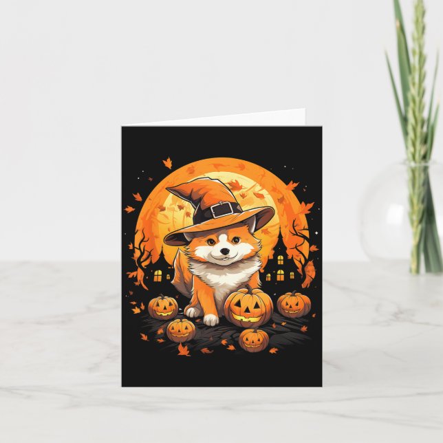Spooky Jindo Dog Witch Halloween Card (Front)
