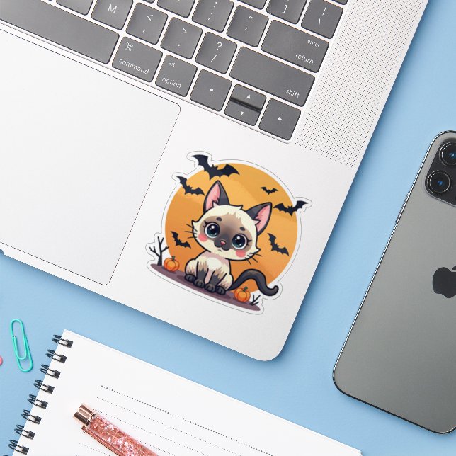 Spooky Kawaii Siamese Kitten – Chibi Style (Laptop w/ iPhone)