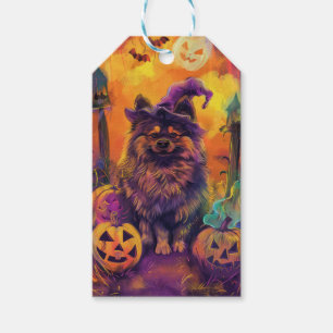 Spooky Keeshond Dog Halloween Witch And Pumpkin  Gift Tags