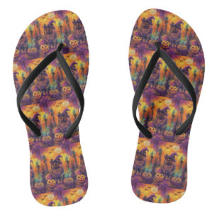 Spooky Keeshond Dog Halloween Witch And Pumpkin  Jandals