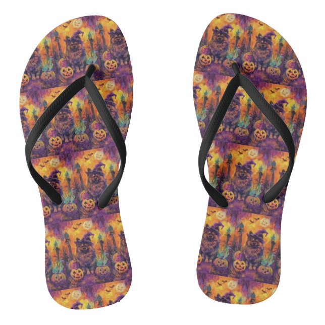 Spooky Keeshond Dog Halloween Witch And Pumpkin  Jandals (Footbed)