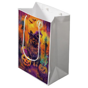 Spooky Keeshond Dog Halloween Witch And Pumpkin Medium Gift Bag