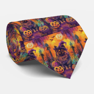 Spooky Keeshond Dog Halloween Witch And Pumpkin Tie