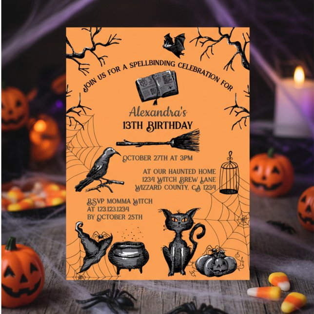 Spooky Kids Halloween Birthday Invitation (Spooky Orange and Black Kids Halloween Birthday Invitation. Scary Black Cat, Pumpkin, Bats, Raven)