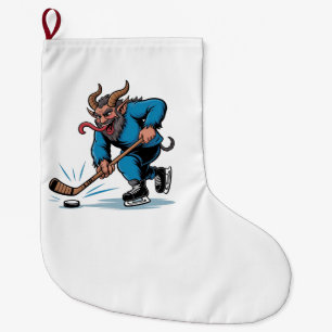 Spooky Krampus Playing Ice Hockey Christmas Large Christmas Stocking