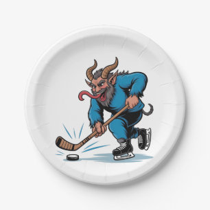 Spooky Krampus Playing Ice Hockey Christmas Paper Plate