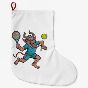 Spooky Krampus Playing Tennis Christmas Sport Large Christmas Stocking