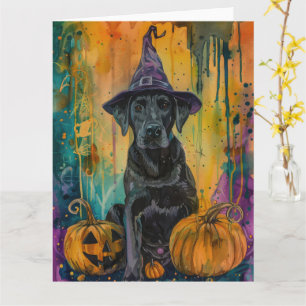 Spooky Labrador Dog Halloween Witch And Pumpkin Card