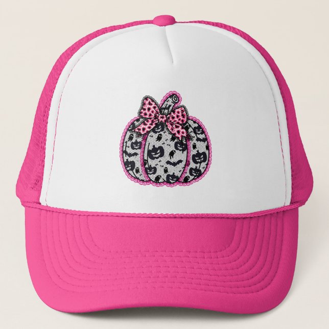 Spooky Lace Halloween Pumpkin Coquette Trucker Hat (Front)