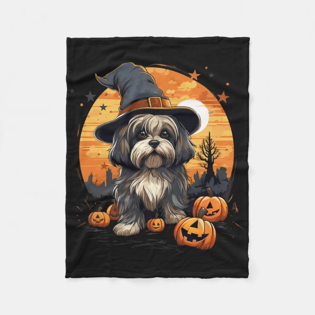 Spooky Lhasa Apso Dog Witch Halloween  Fleece Blanket (Front)