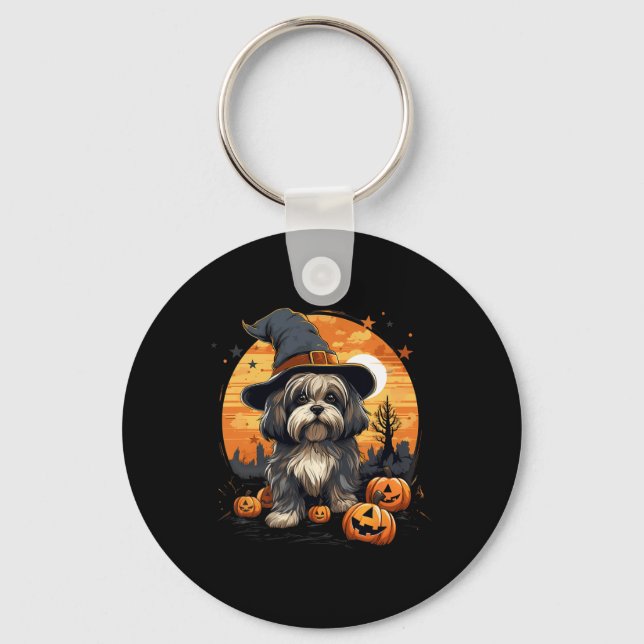 Spooky Lhasa Apso Dog Witch Halloween  Key Ring (Front)
