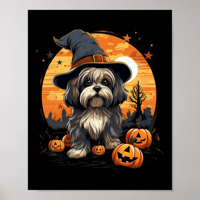 Spooky Lhasa Apso Dog Witch Halloween  Poster (Front)