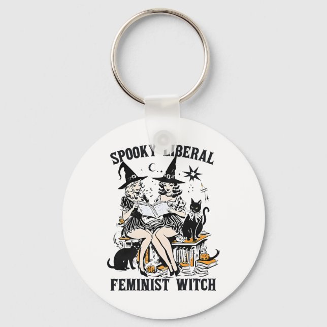 Spooky Liberal Feminist Witch Halloween Librarian  Key Ring (Front)