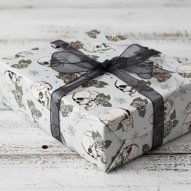 Spooky Light Grey Small Skull Halloween Wrapping Paper (Elegant Gothic Black Vintage Skulls and Roses Floral Wrapping Paper for Hallowedding or for Her)