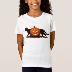 Spooky Long Black Cat Behind Glowing Pumpkin T-Shirt